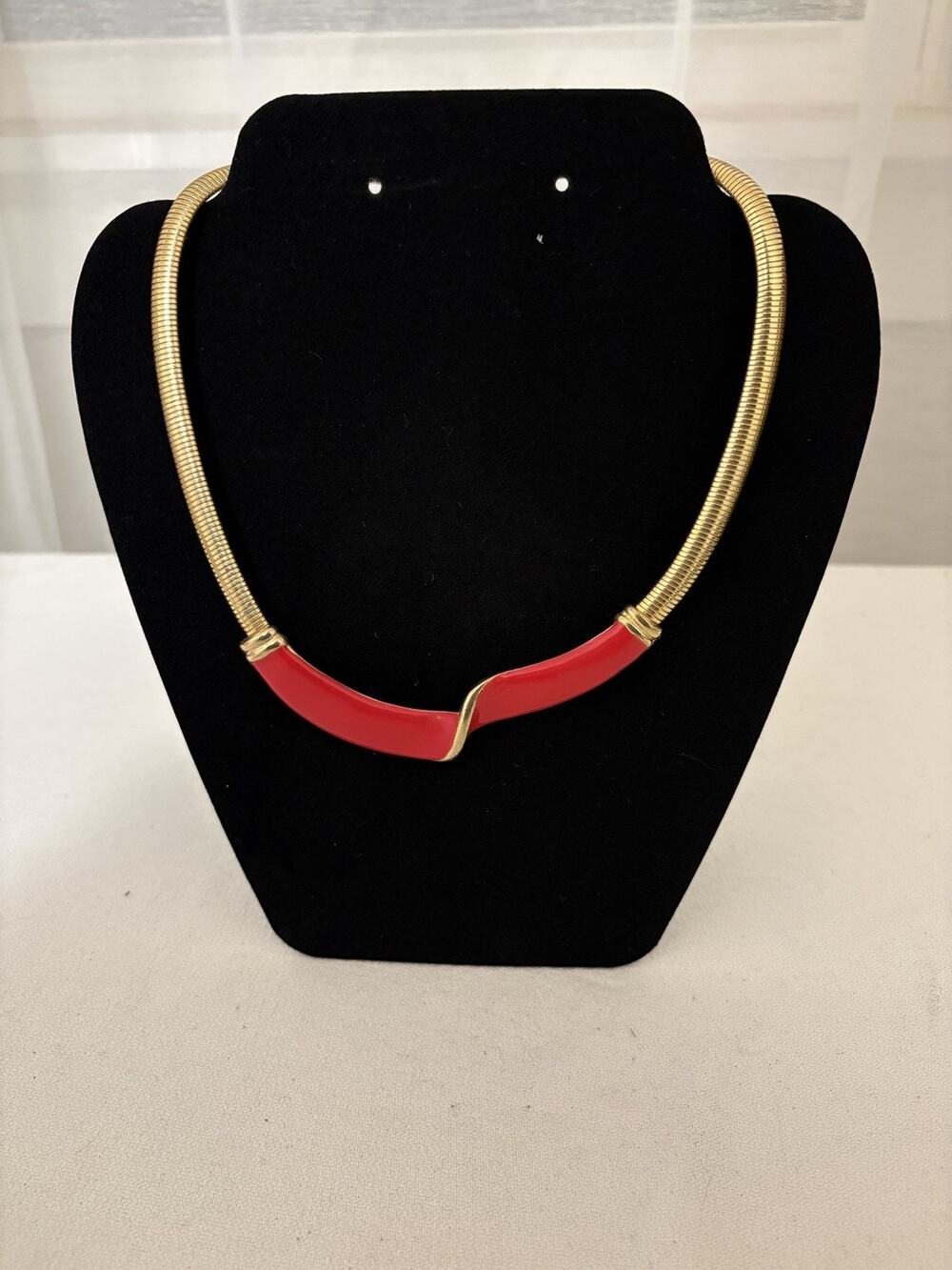 VTG Necklace Gold Tone Choker RED Enamel WIDE Omega Runway Statement Unmarked